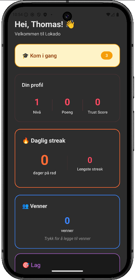 Lokado — hjem med profil, streak og venner